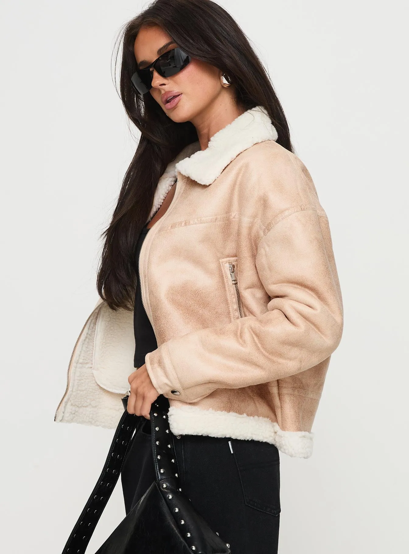 Solara Faux Leather Shearling Jacket Beige