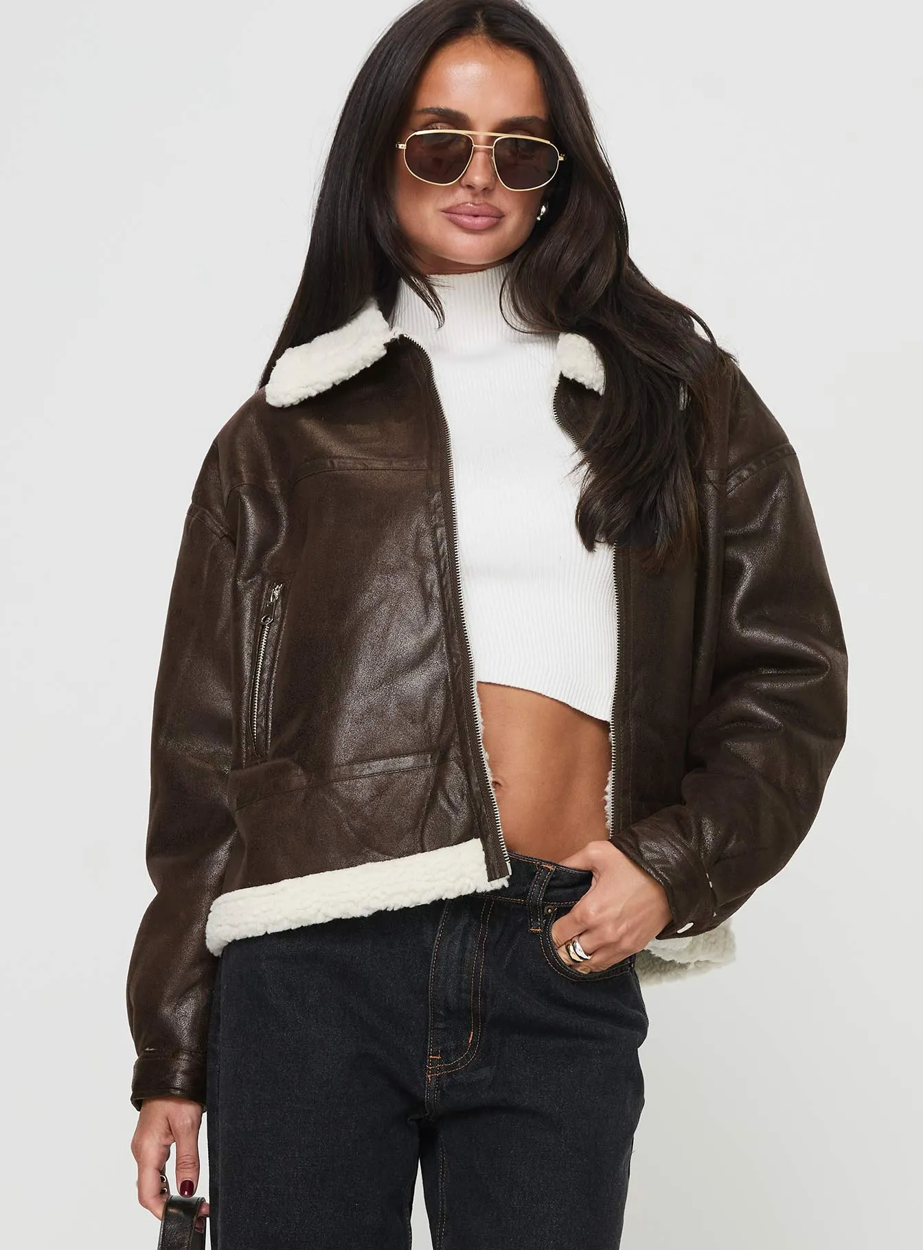 Solara Faux Leather Shearling Jacket Chocolate