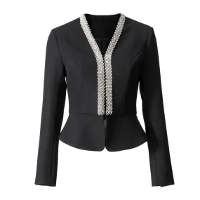 Solid Patchwork Pearls Coats For Women V Neck Long Sleeve Slimming Advancd Temperament Coat Female Fashion