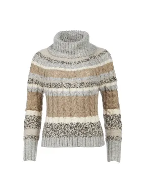 Striped Turtleneck Cable Sweater in Neutral Multi