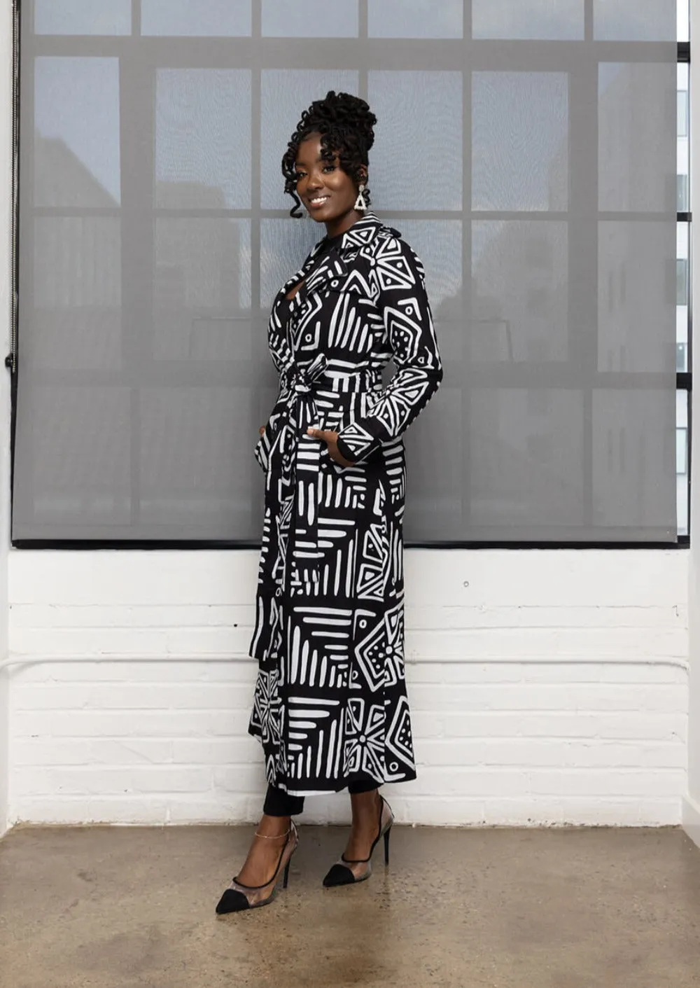 Taraji Women's African Print Maxi Trench Coat (Grayscale Tribal)