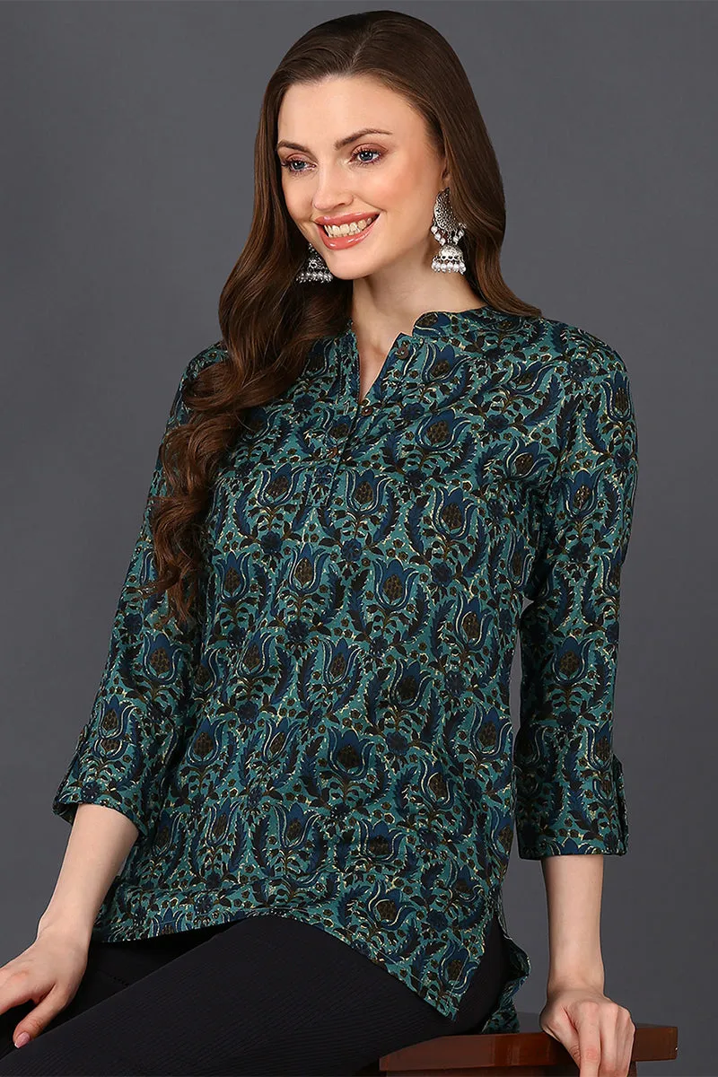 Teal Green Cotton Blend Ethnic Motifs Printed Straight Tunic