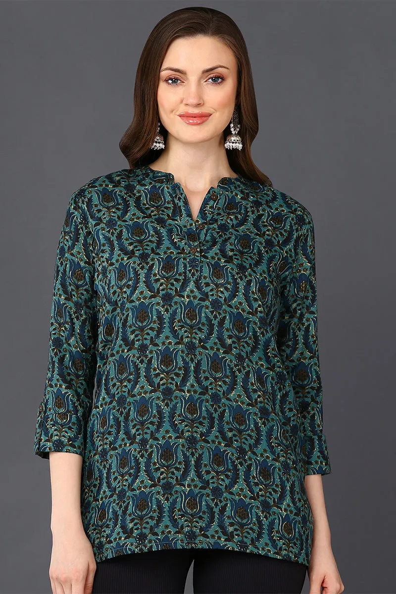 Teal Green Cotton Blend Ethnic Motifs Printed Straight Tunic