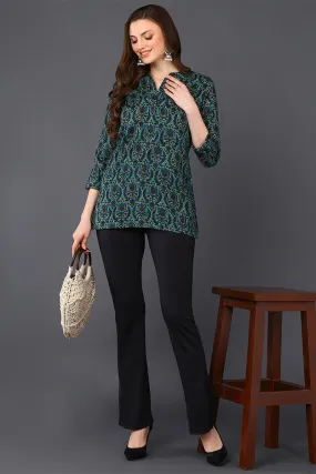 Teal Green Cotton Blend Ethnic Motifs Printed Straight Tunic