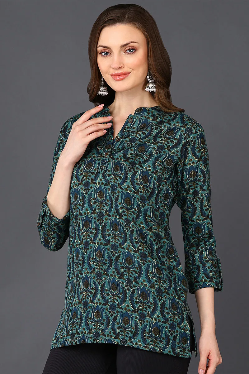 Teal Green Cotton Blend Ethnic Motifs Printed Straight Tunic