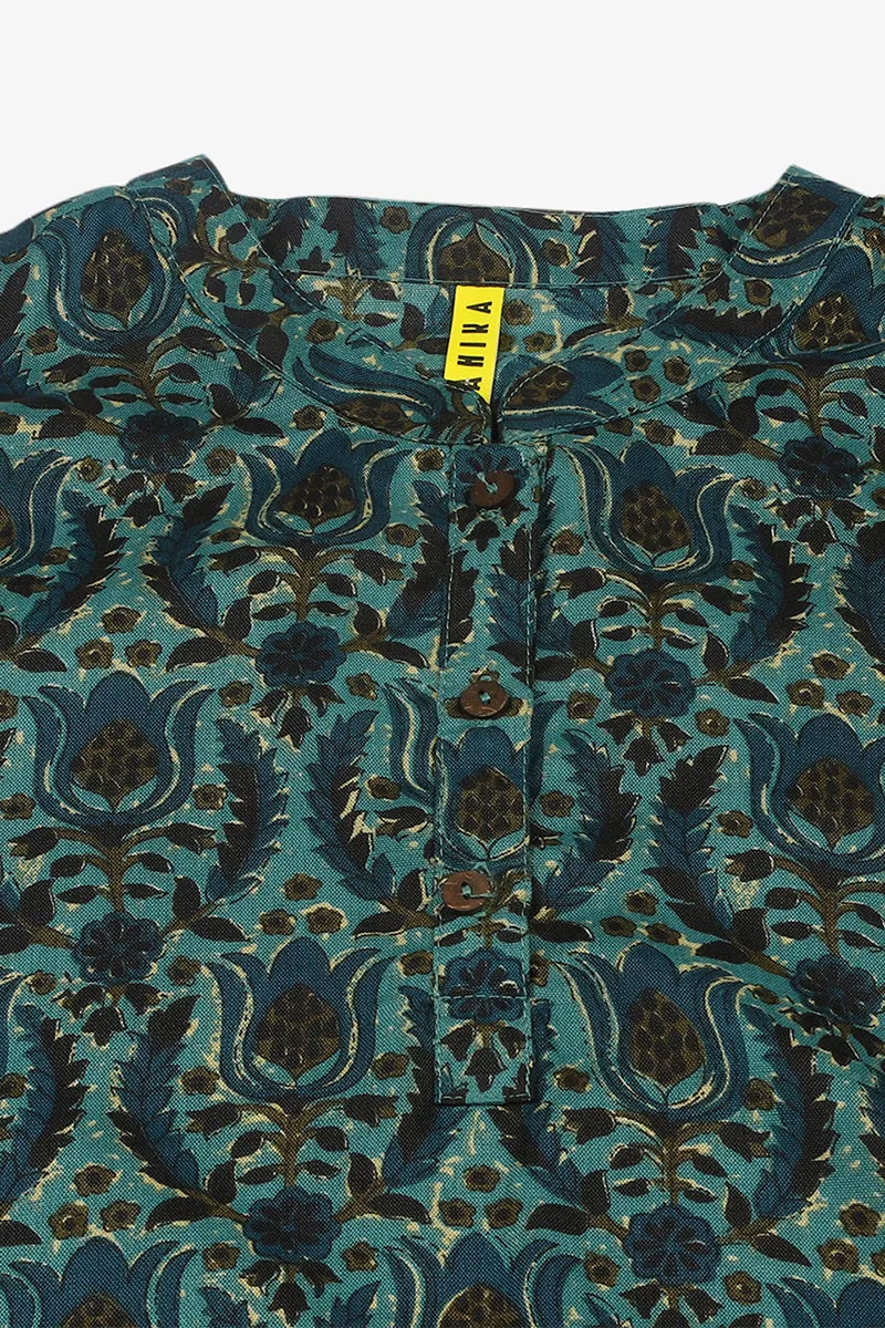 Teal Green Cotton Blend Ethnic Motifs Printed Straight Tunic