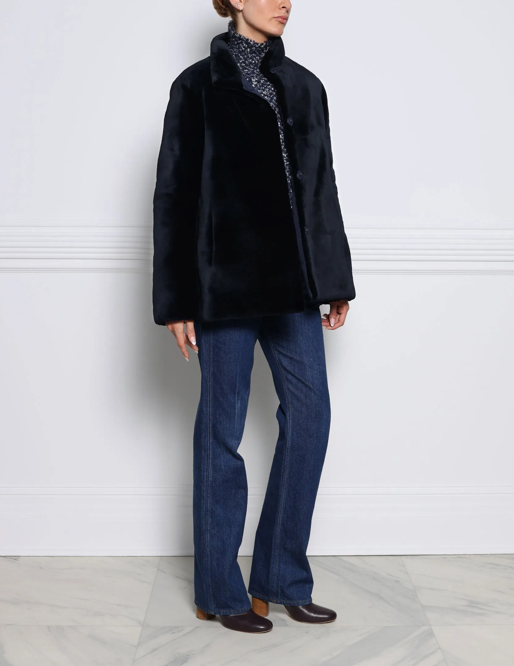 The Everly Reversible Mink Quilted Jacket in Navy