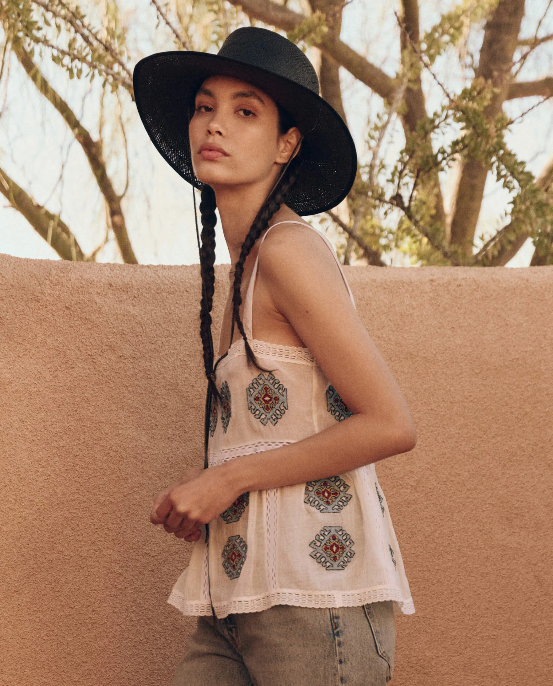 The Roam Top with Folklore Embroidery. -- Cream