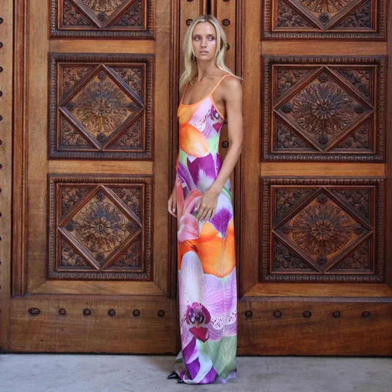 Tie-dye Print Suspender Backless Sling Slim Bodycon Floral Dress for Beach Holiday