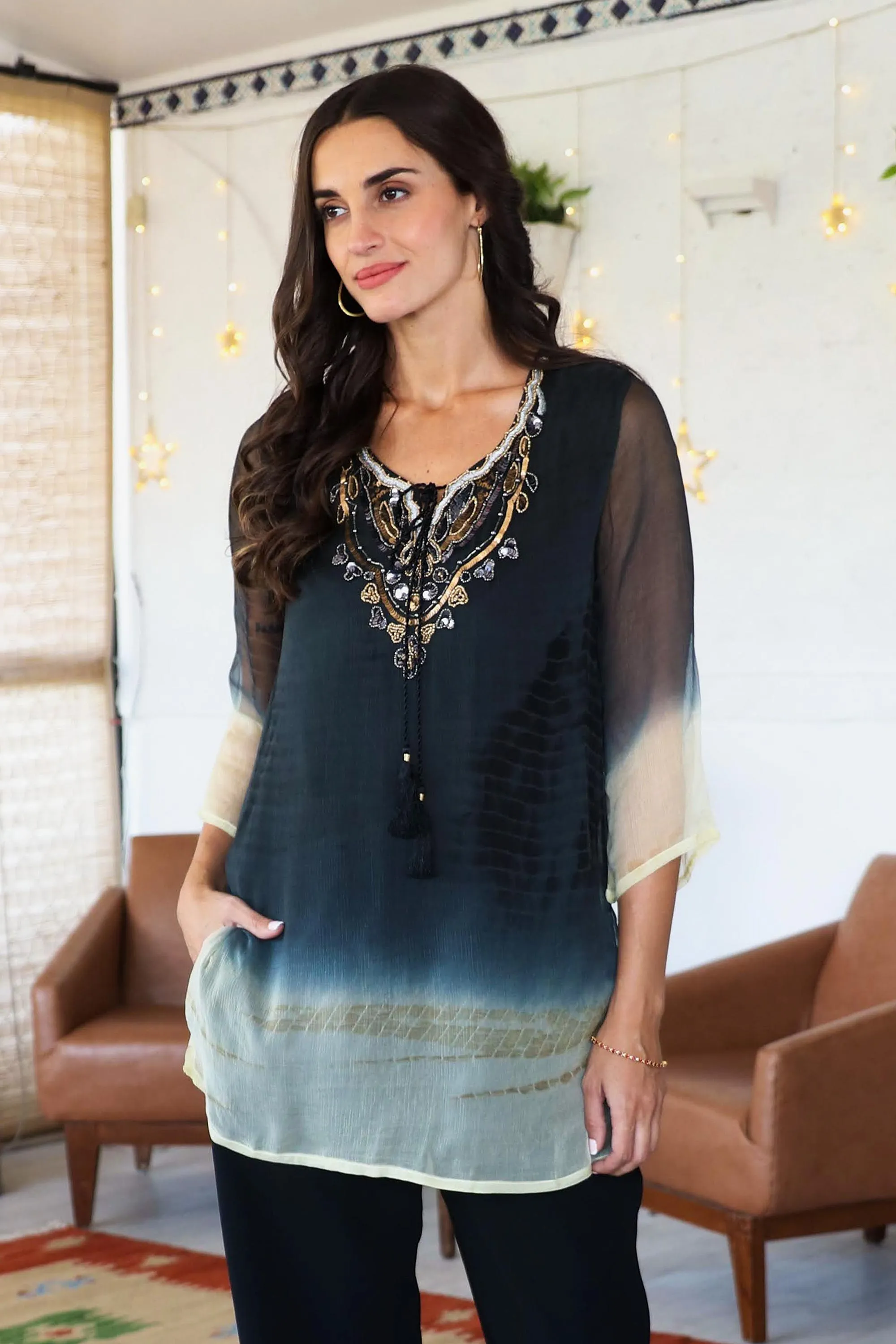 Tie-Dyed Tunic with Glass Bead Detail - Magical Glamour | NOVICA