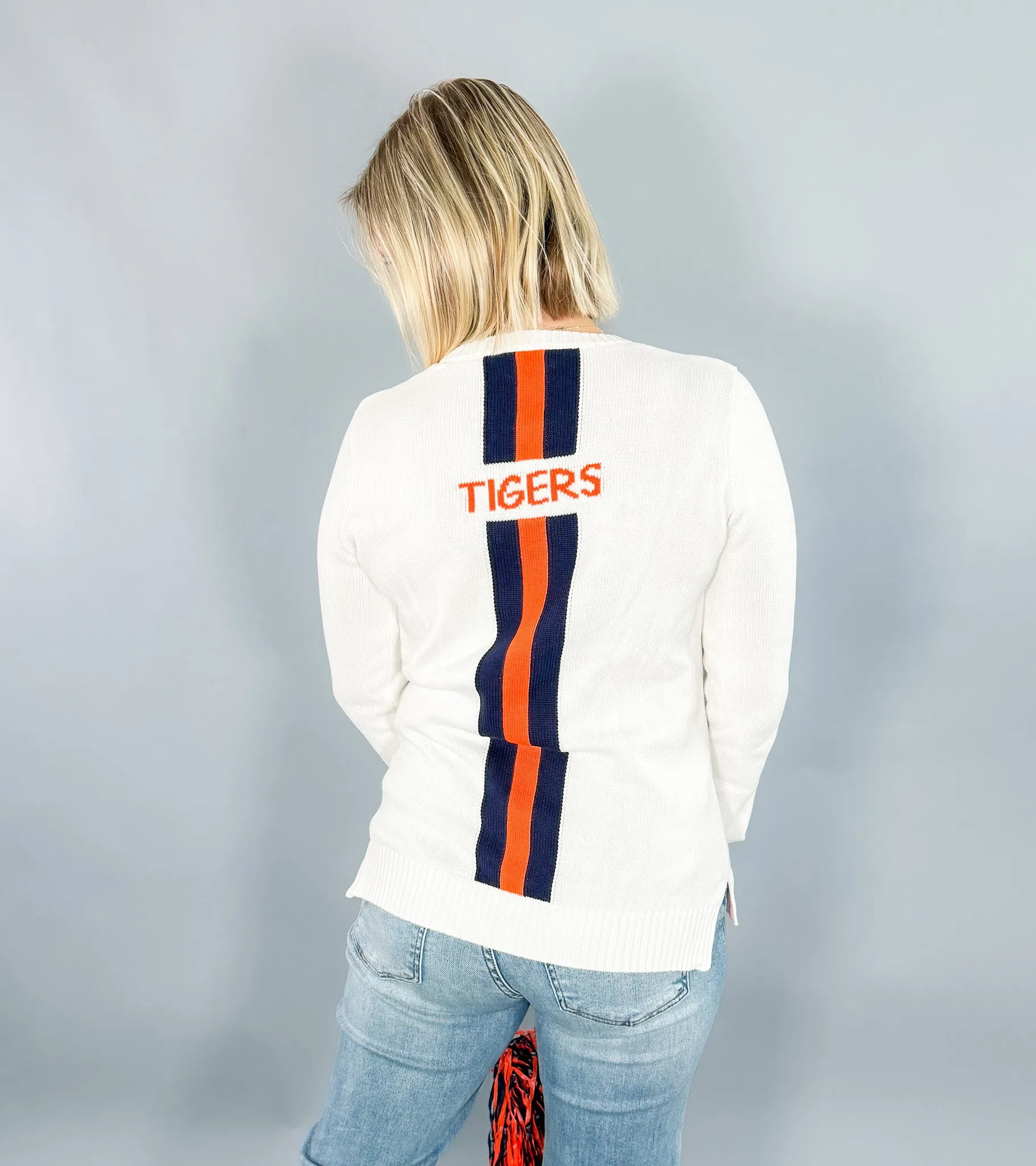 Tigers Back Stripe White Sweater