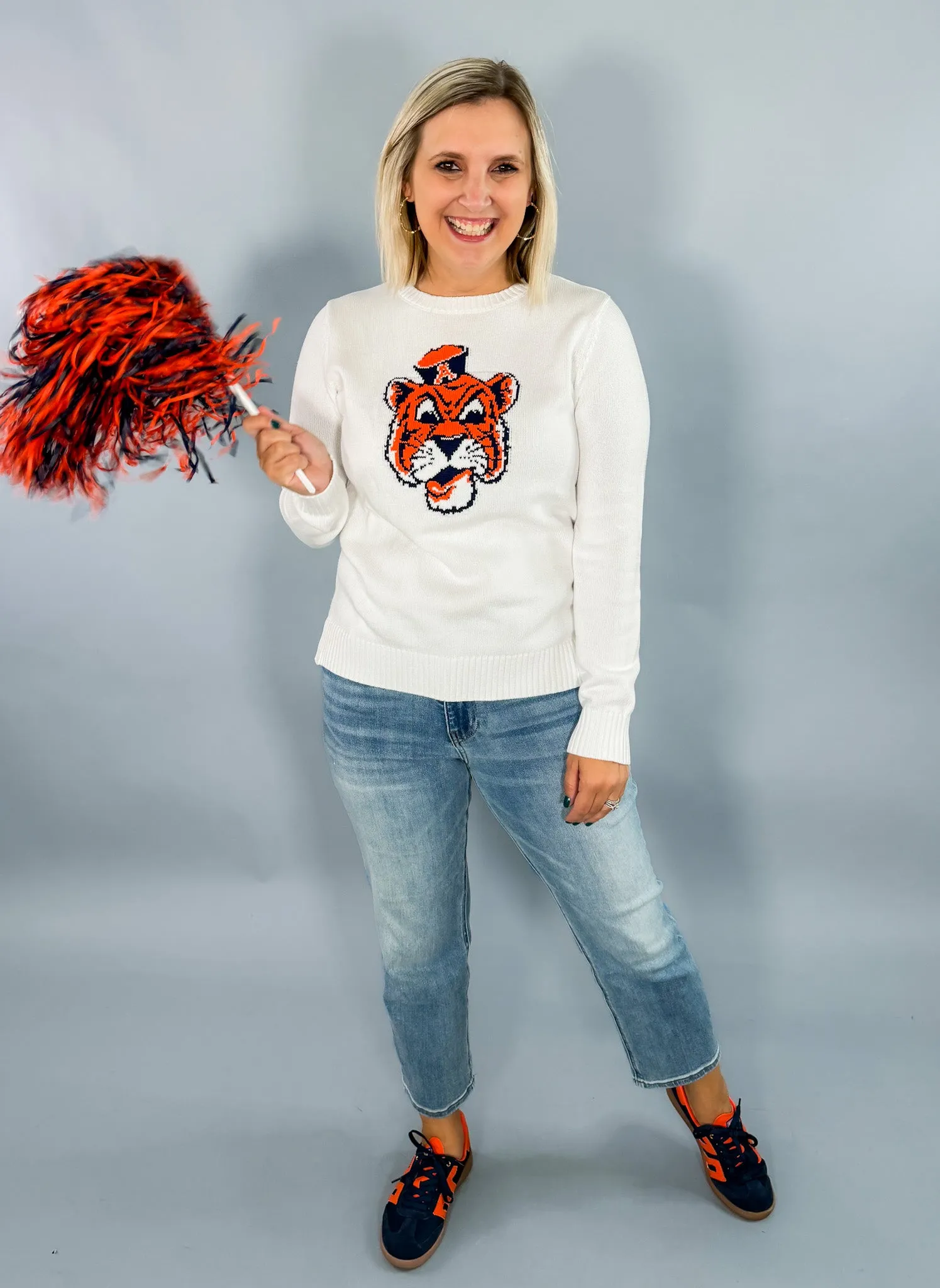 Tigers Back Stripe White Sweater