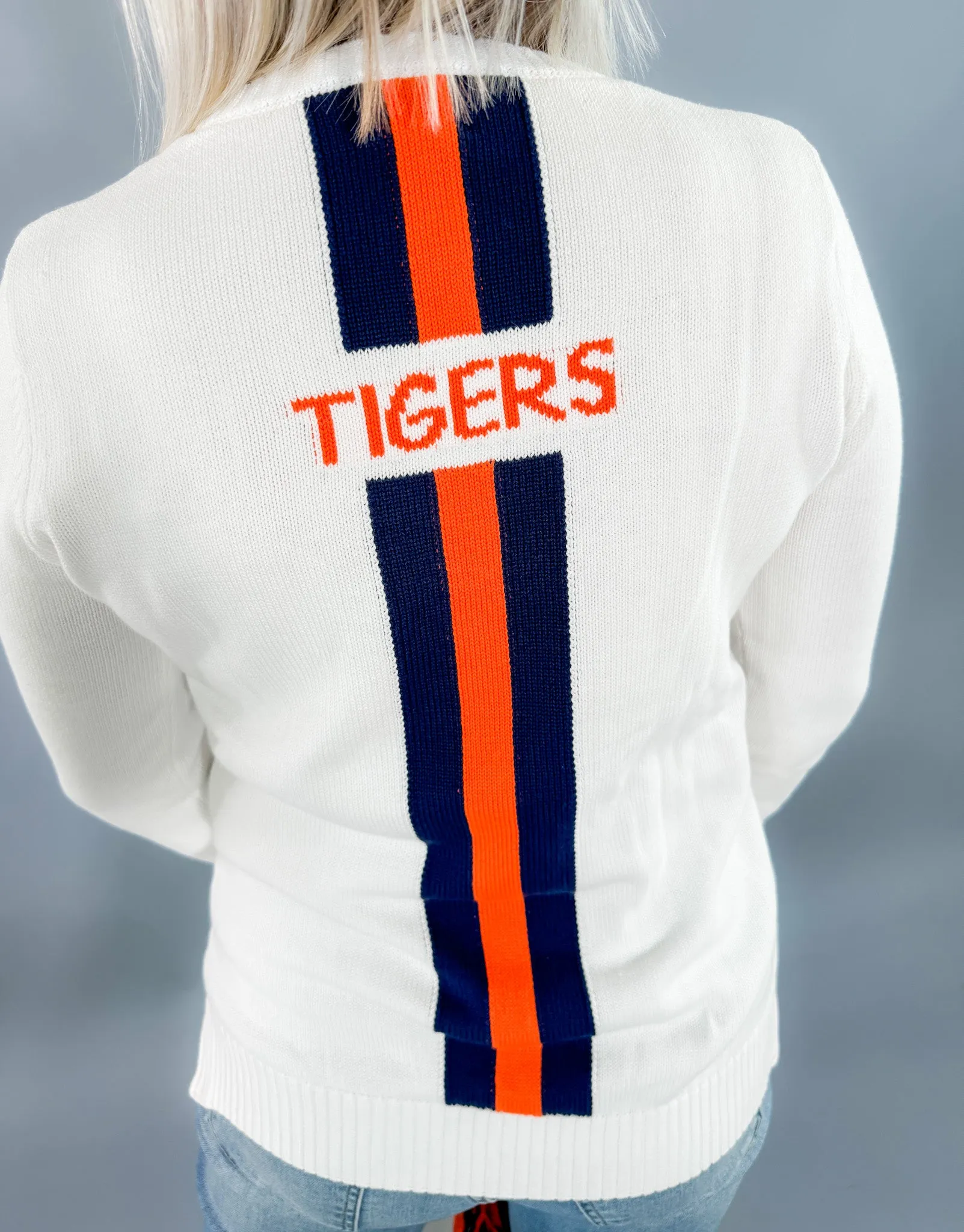 Tigers Back Stripe White Sweater