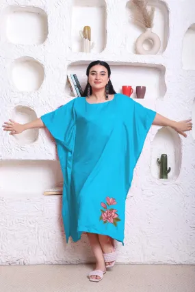 Turquoise Rayon Long-Kaftan - Boozy florals