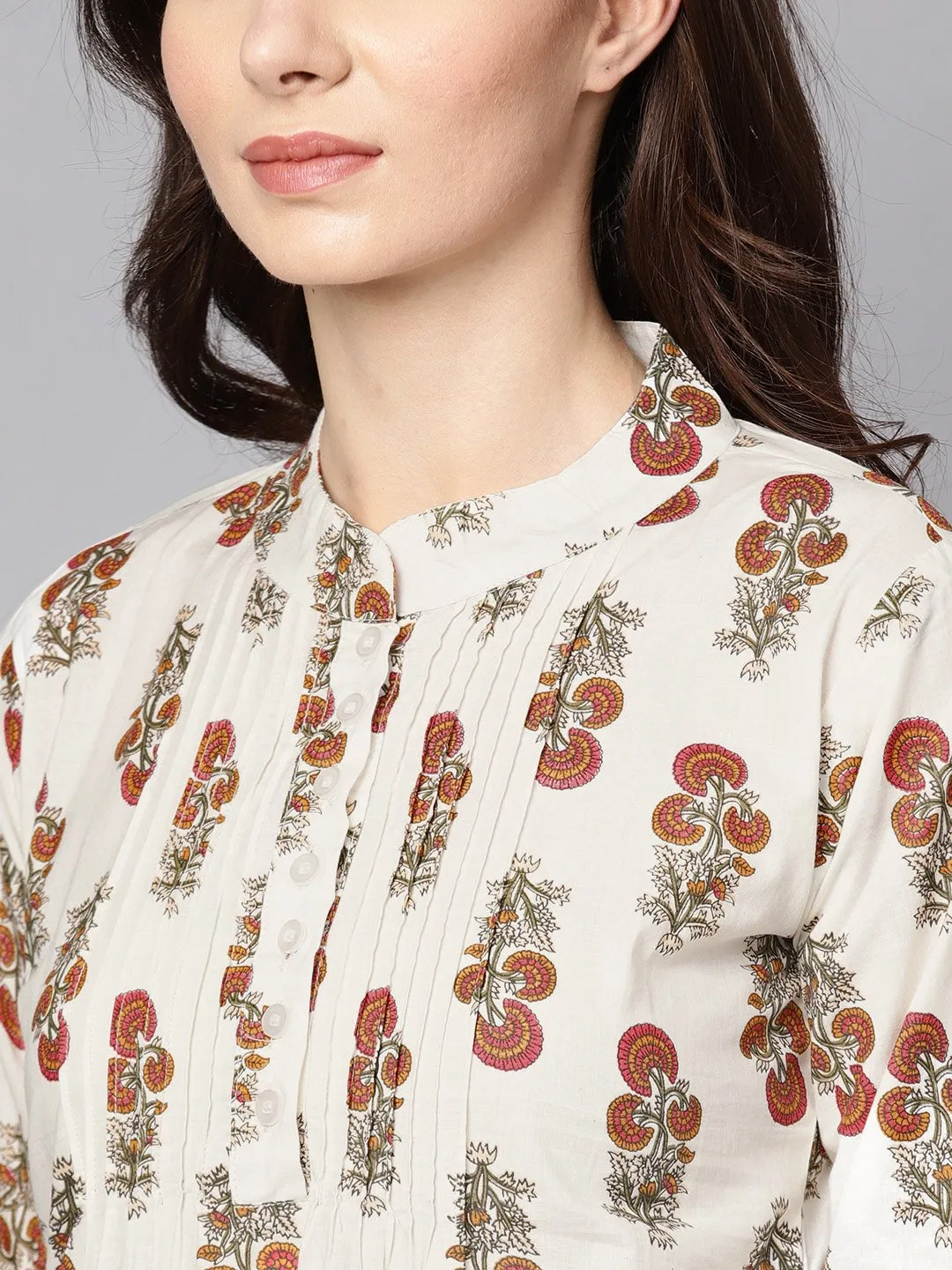 White Printed 3/4Th Sleeve Cotton Tunic