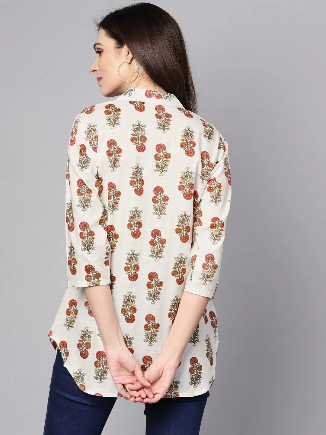 White Printed 3/4Th Sleeve Cotton Tunic