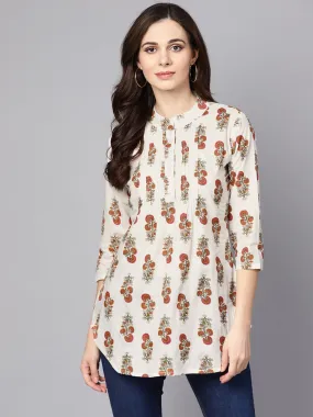 White Printed 3/4Th Sleeve Cotton Tunic