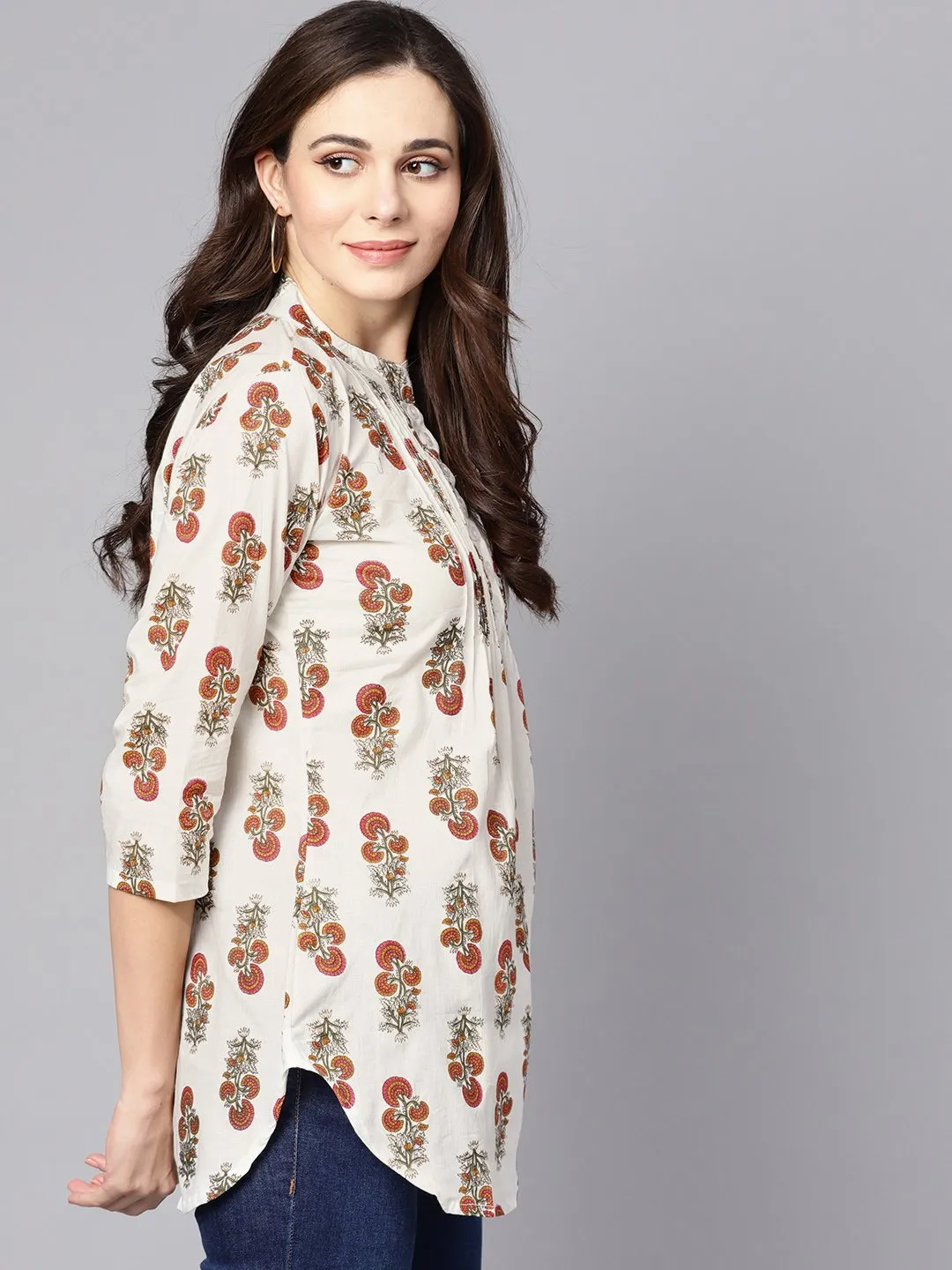 White Printed 3/4Th Sleeve Cotton Tunic