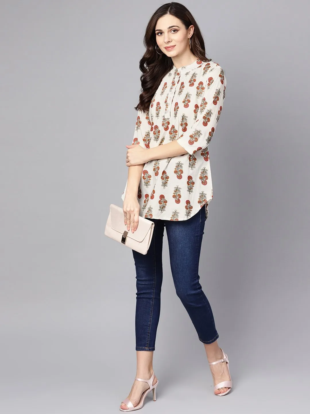 White Printed 3/4Th Sleeve Cotton Tunic