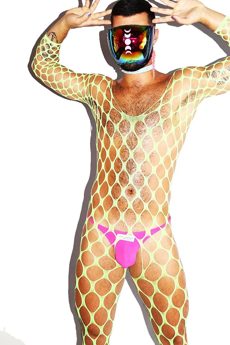 Wide Fishnet Bodysuit Tights- Neon Green