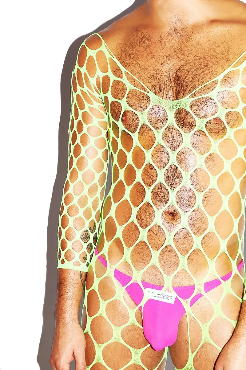 Wide Fishnet Bodysuit Tights- Neon Green