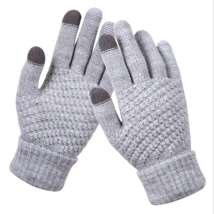 Winter Touch Screen Gloves Women Men Warm Stretch Knit Mittens Imitation Wool Thicken Full Finger Gloves(Grey)