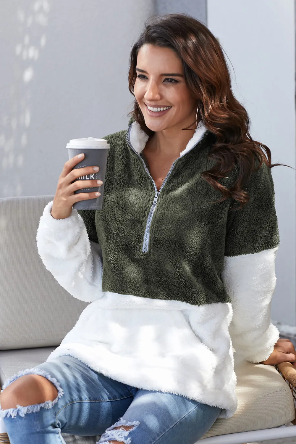 Women Atrovirens White Zip Neck Oversize Fluffy Fleece Pullover