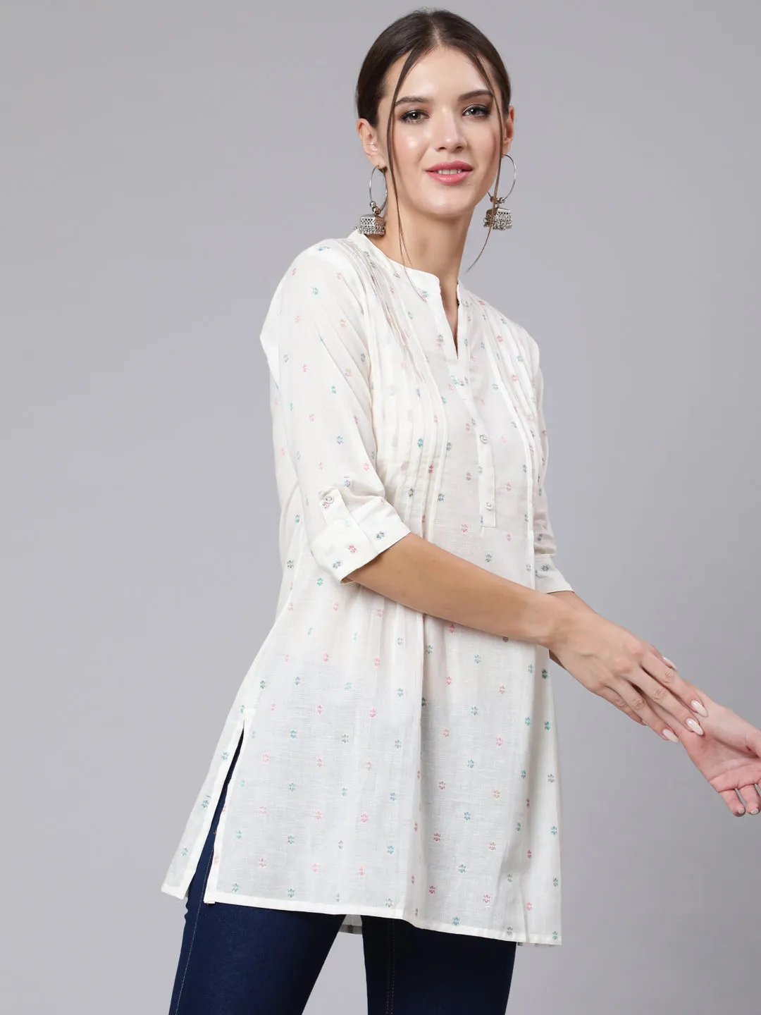 Women Off-White Straight Tunic With Three Quaretr Sleeves