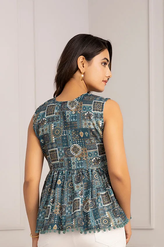 Women Teal Blue Printed Peplum Tunic