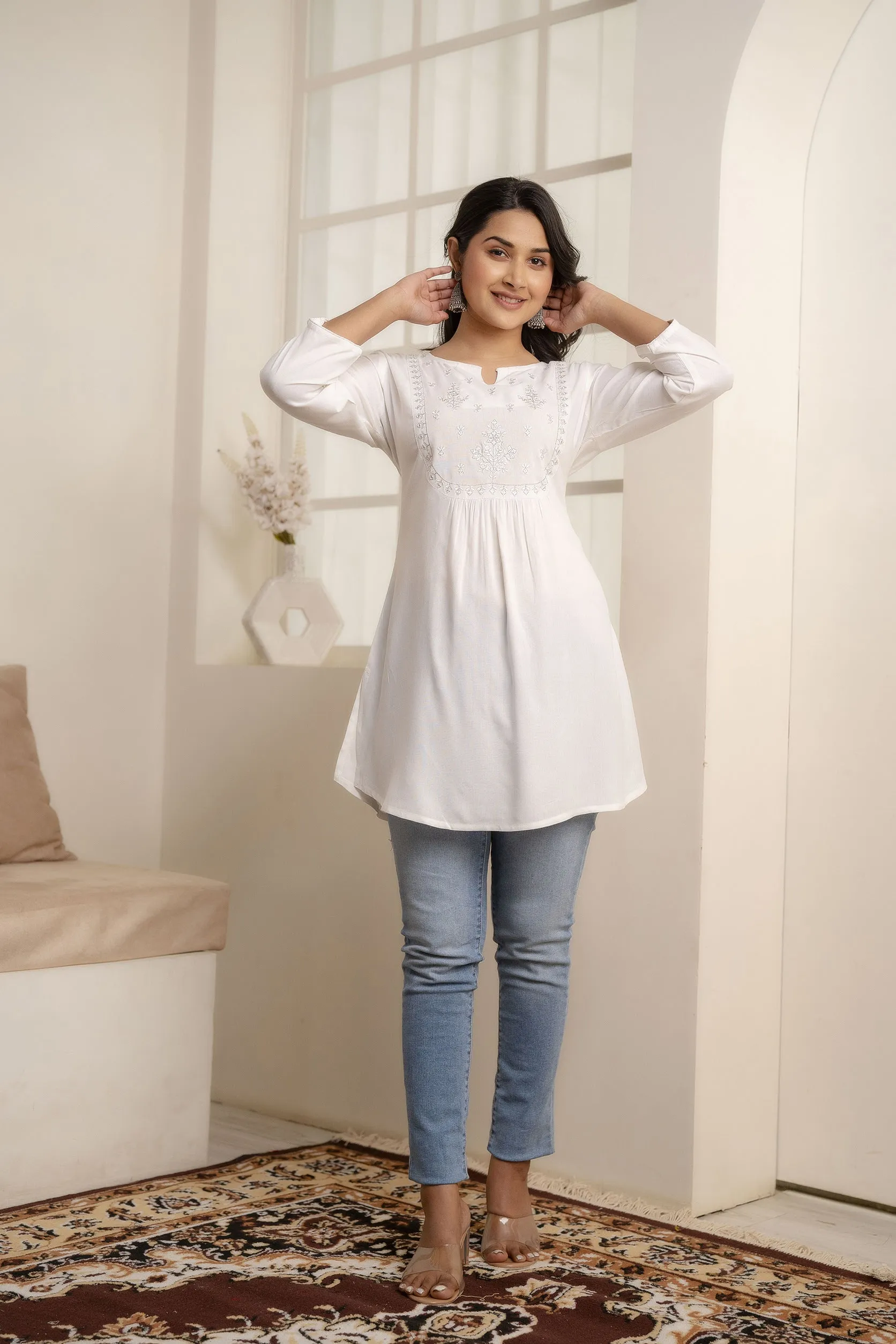 Women White Embroidered Yoke Straight Tunic With Three Quarter Sleeves