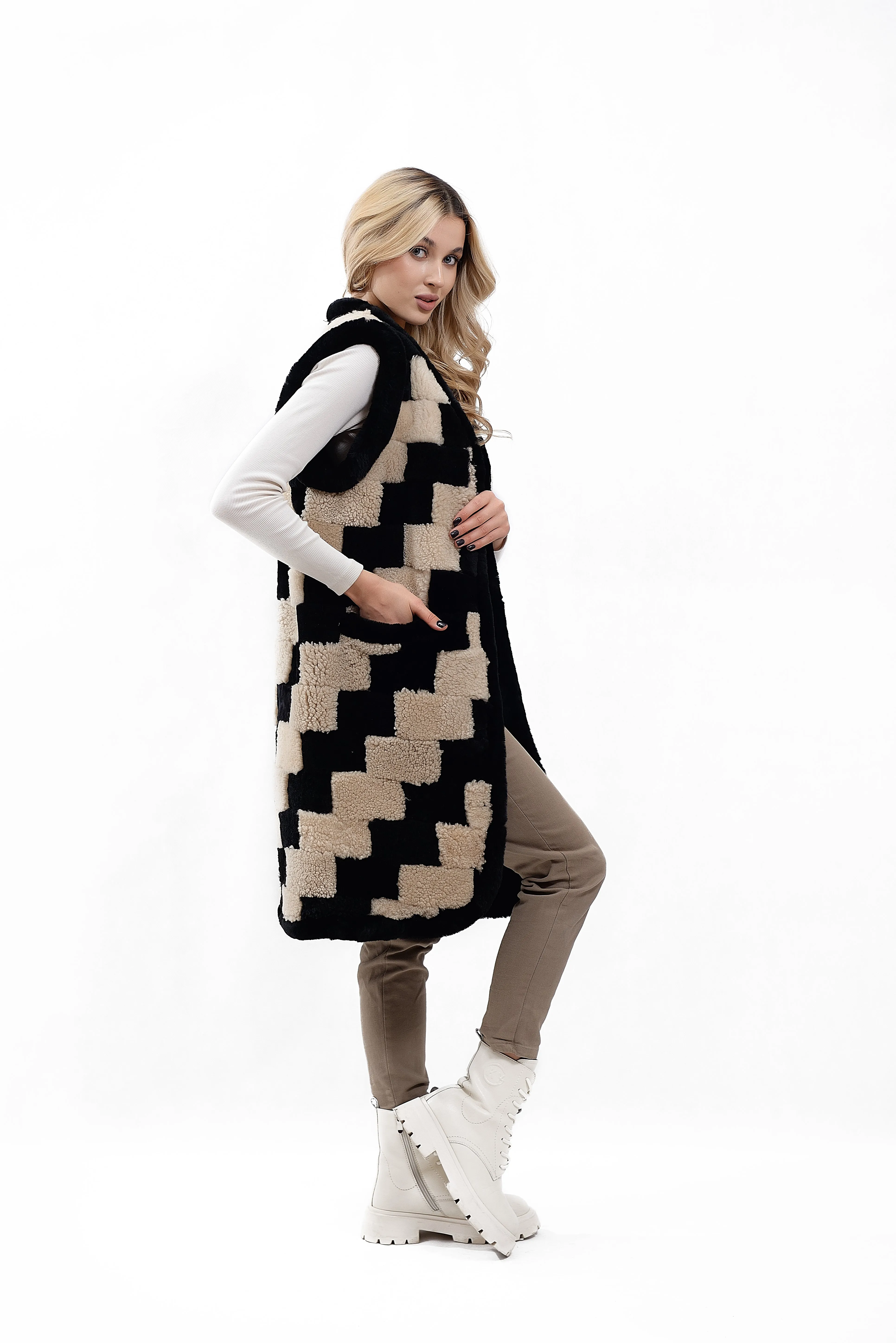 Women's Long Shearling Vest Made from Sheepskin Pieces