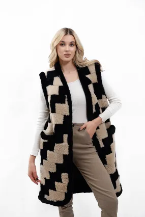 Women's Long Shearling Vest Made from Sheepskin Pieces