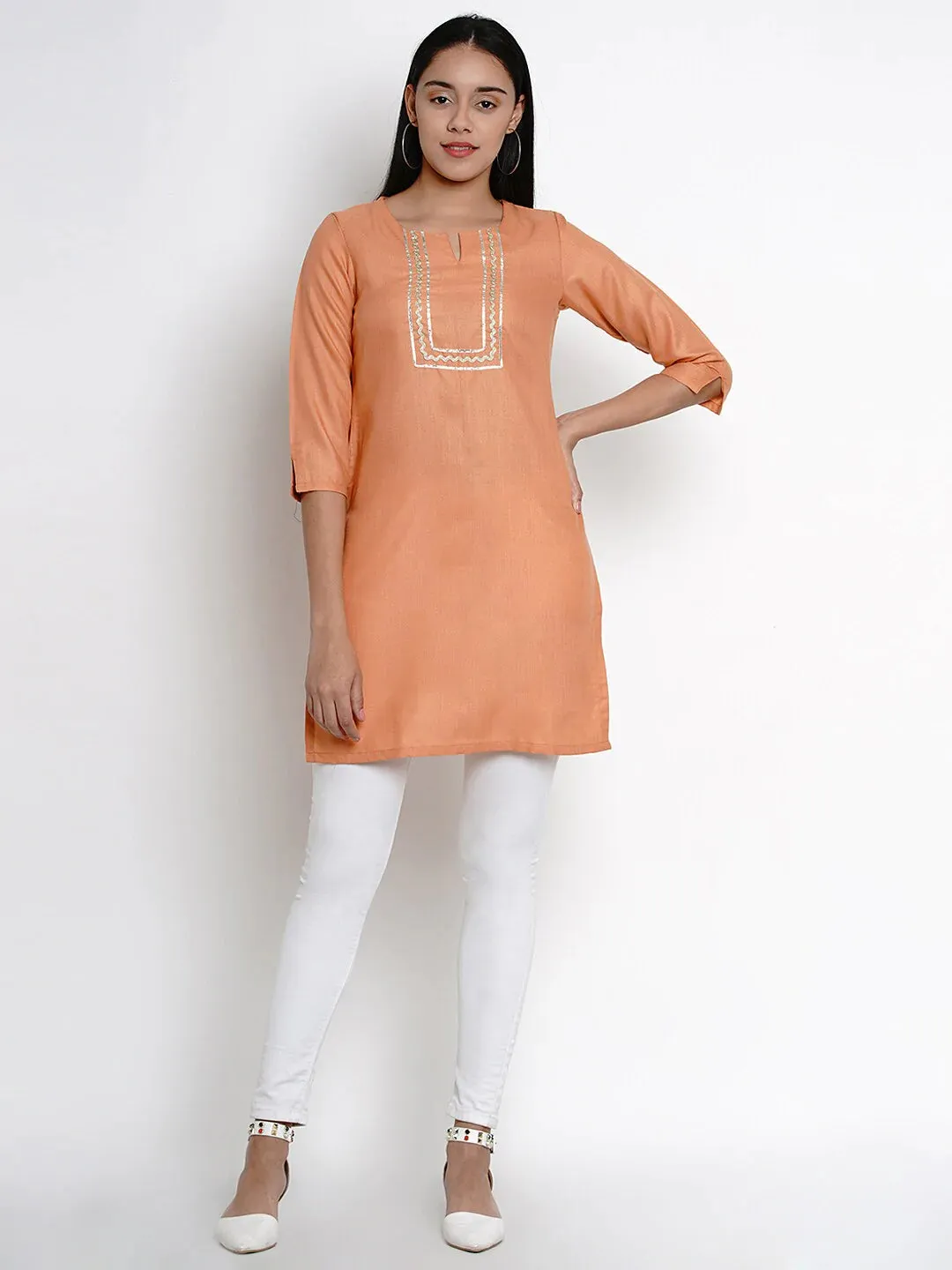 Women'S Orange Tunic With Gota Detailing