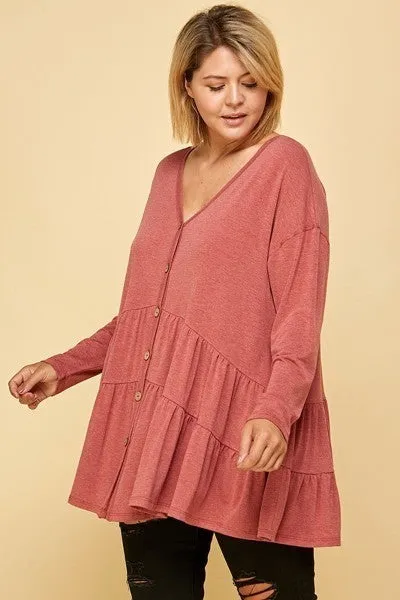 Women's Plus Size Solid Long Sleeves Button Up Swing Tunic Top With Ruched Detail