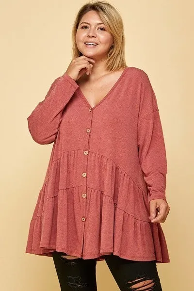 Women's Plus Size Solid Long Sleeves Button Up Swing Tunic Top With Ruched Detail