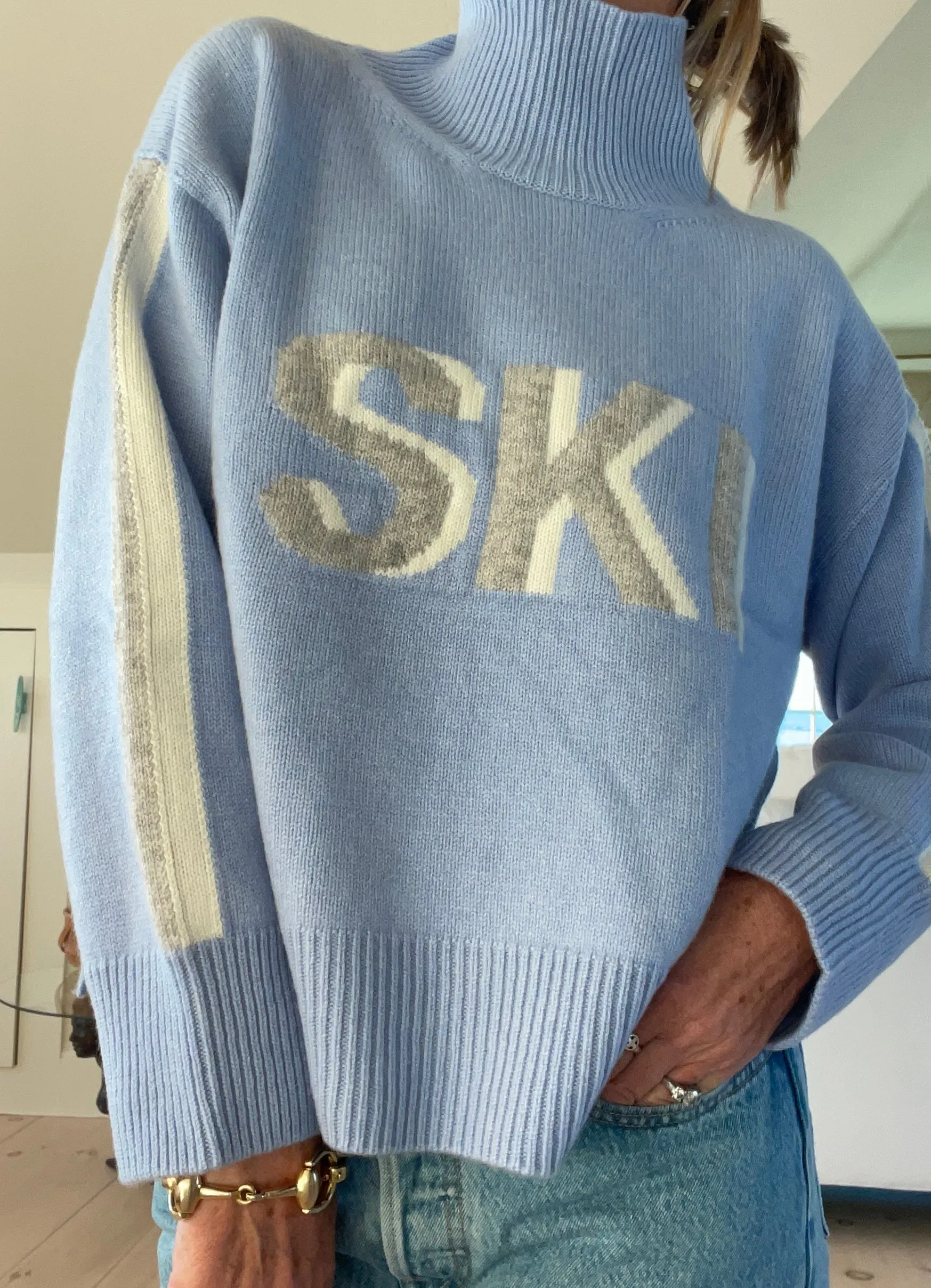 Women’s Retro 100% Cashmere Turtleneck Ski Sweater BLUE