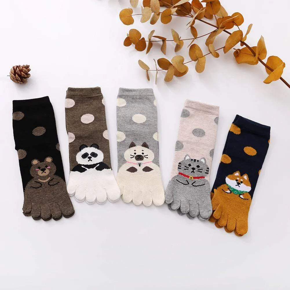 ZFSOCK Cute Polka Dots Animal Design 5 Finger Crew Socks for Women, 5 Pairs