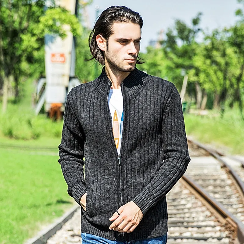 Zipper Seam Solid Design Casual Men Cardigan